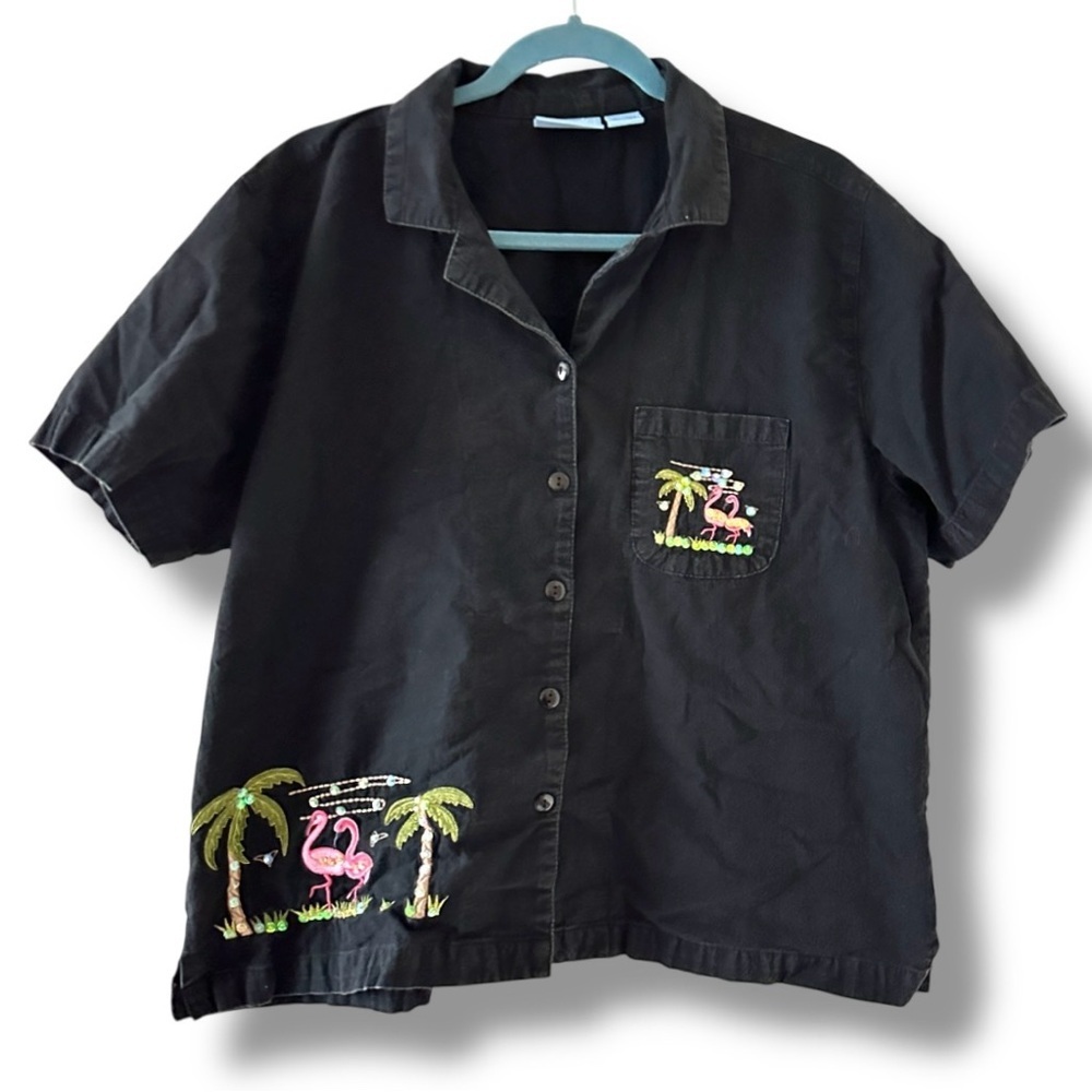 Vintage Jane Ashley Black Flamingo Embroidered Button Up Shirt Women’s Size XL